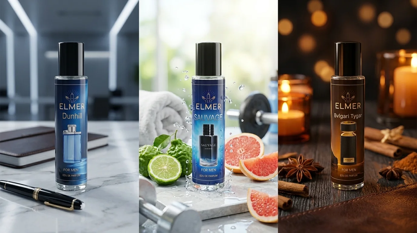 بهترین عطر مردانه بر اساس موقعیت: دانهیل دیزایر بلو برای اداره، ساواج برای ورزش و روز، بولگاری من تایگر برای شب؛ نسخهٔ ۲۲ میلی‌لیتری ELMER
